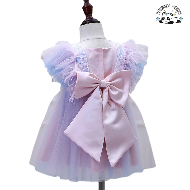 LEZONKIDS - Customizable New Fancy Ruffle Sleeve Feather Rainbow Layered Kids Tulle Dresses Girls Princess Dress